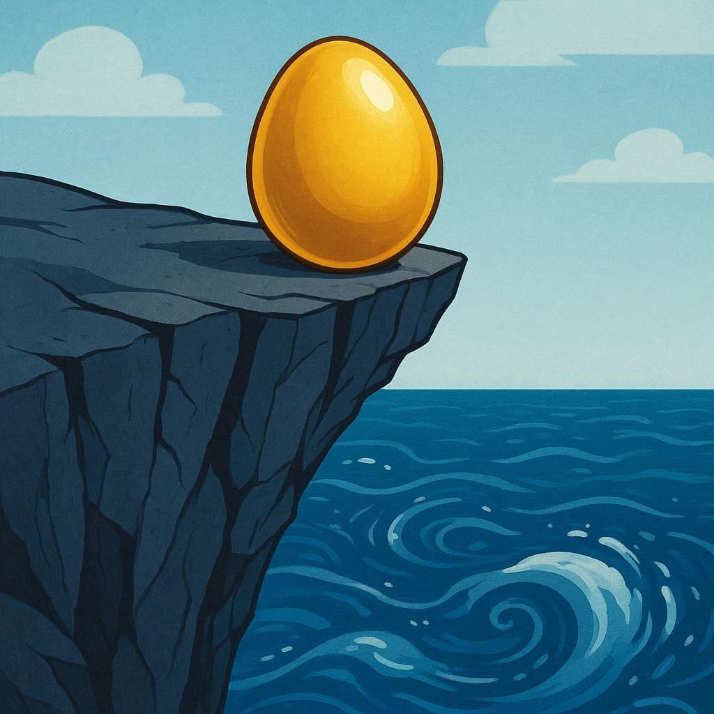 A shiny, valuable golden egg resting precariously on the very edge of a steep, dark cliff, illustrating that the egg is in danger.
