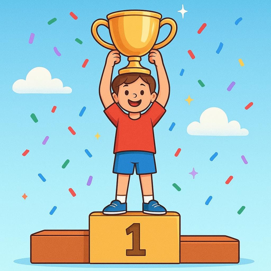 A storybook illustration showing an athlete celebrating victory on a gold medal podium, holding a large trophy above their head.