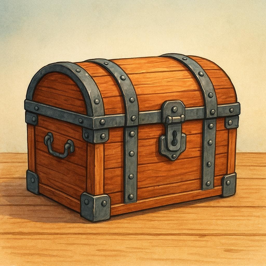 Een grote, antieke houten kist met metalen banden en een afgerond deksel.