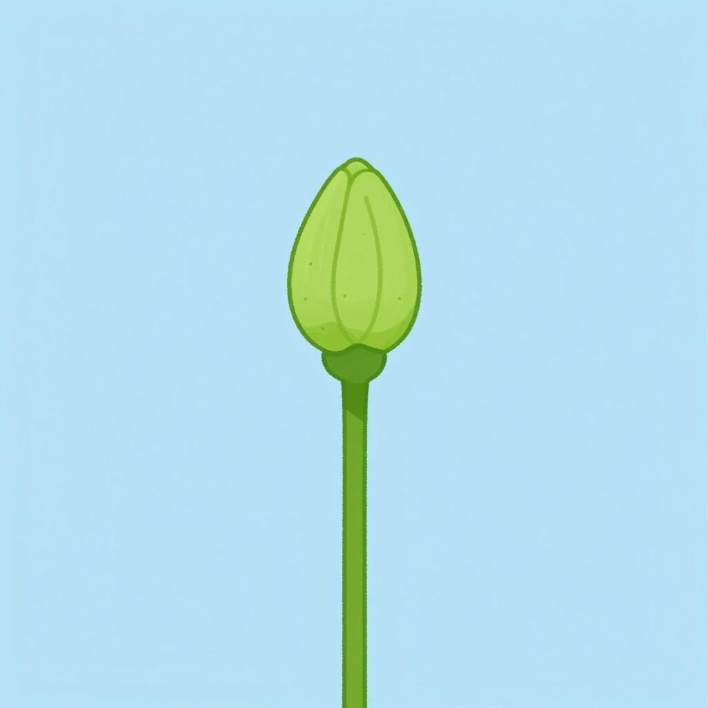 茎に付いた、まだ開いていない緑色の蕾(つぼみ)が一つ、咲くのを待っている様子。