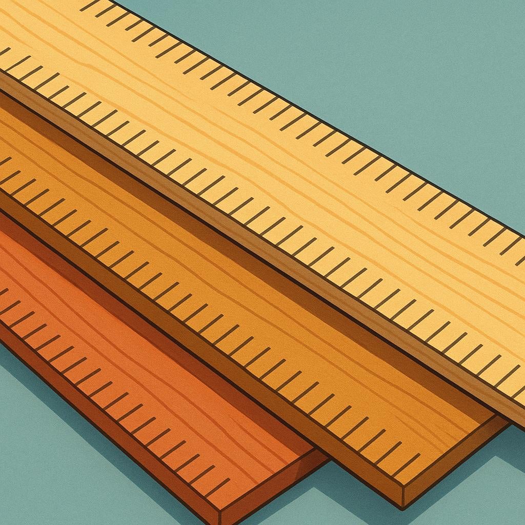 Three wooden straightedge rulers with small tick marks clearly visible, overlapping on a surface.