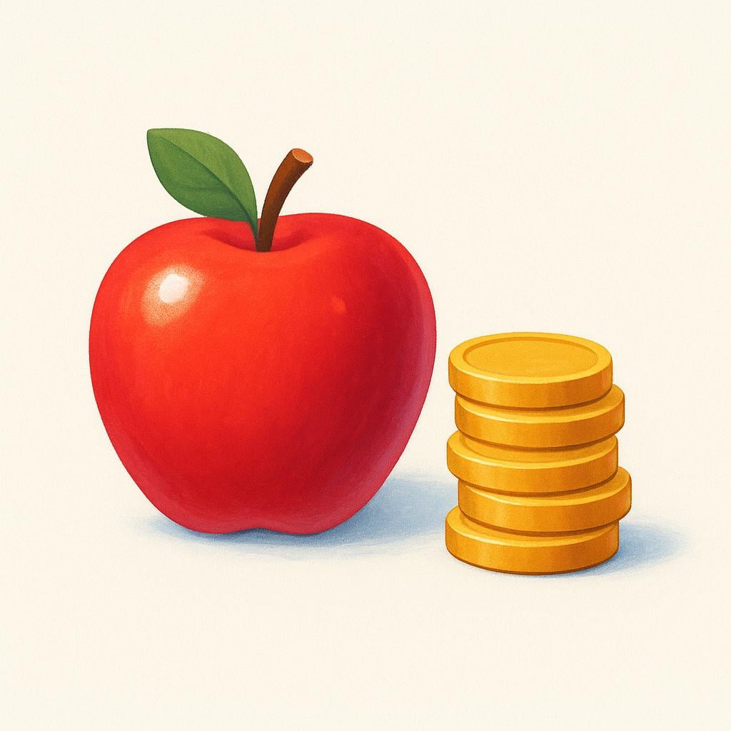 A single, shiny red apple resting next to a small stack of generic, stylized gold coins, symbolizing the hypothetical price of the item.