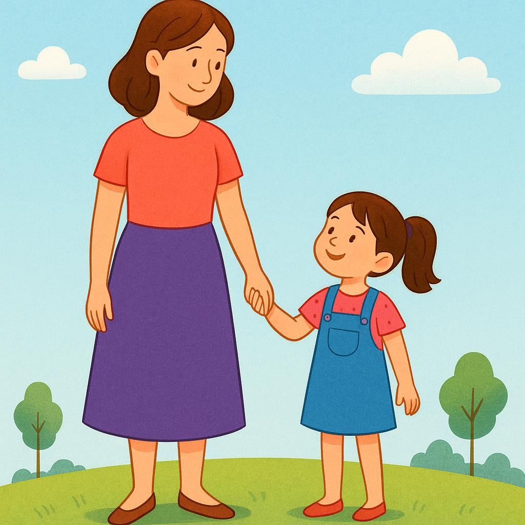 A tall, smiling adult woman is holding the hand of a much smaller, happy girl, illustrating an aunt/uncle and niece relationship.