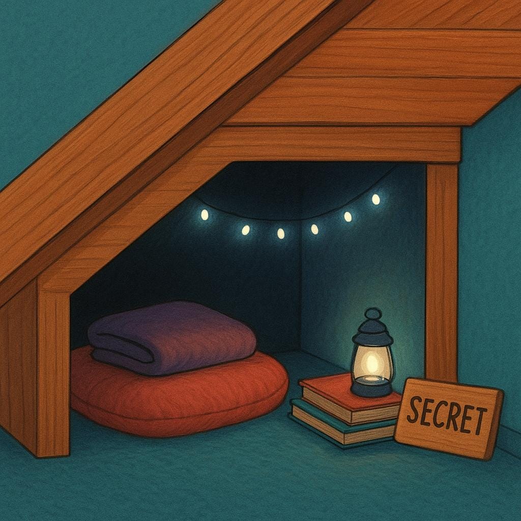 A simple illustration depicting a small, empty, dark space underneath a staircase, suggesting a location used for concealment.