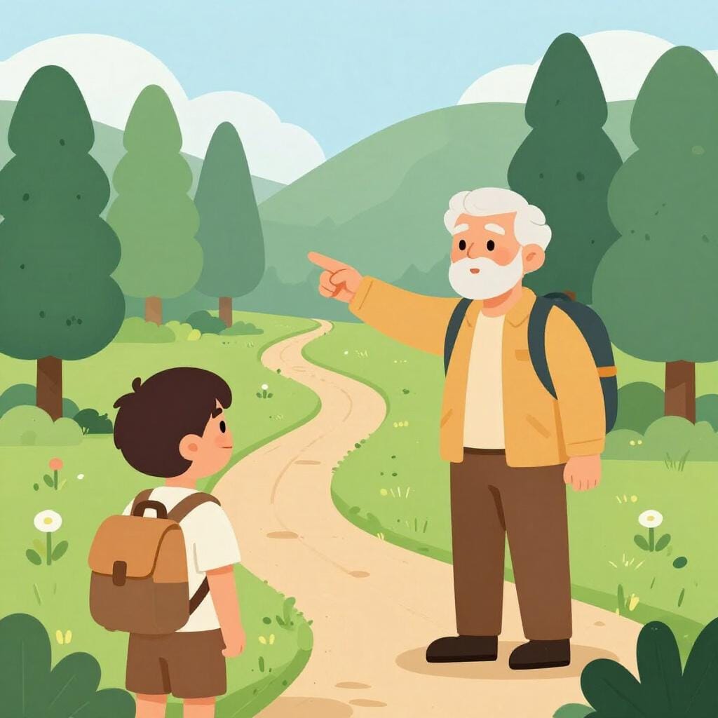 Un escursionista alto che indica un bastone di legno verso un sentiero di montagna chiaro per mostrare la via a un escursionista più giovane.