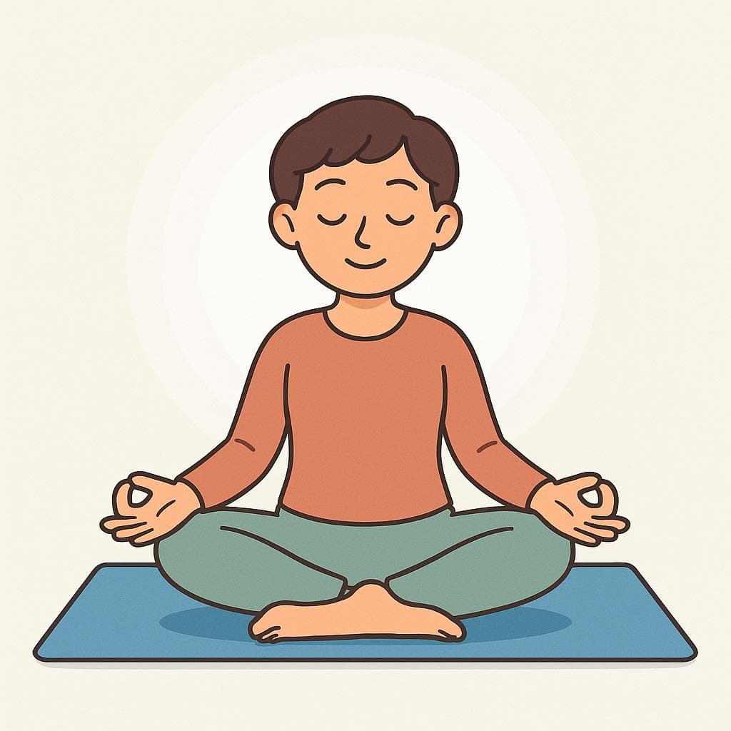 Une personne aux yeux fermés est assise paisiblement dans la pose traditionnelle du lotus du yoga (Padmasana) sur un tapis simple, illustrant la méditation et la discipline physique.