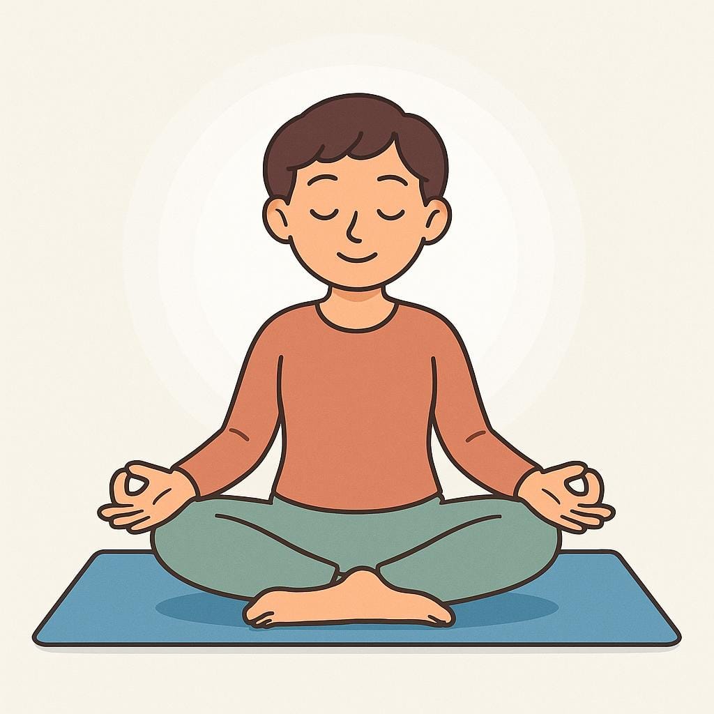 A person with closed eyes sits peacefully in the traditional lotus yoga pose (Padmasana) on a simple mat, illustrating meditation and physical discipline.