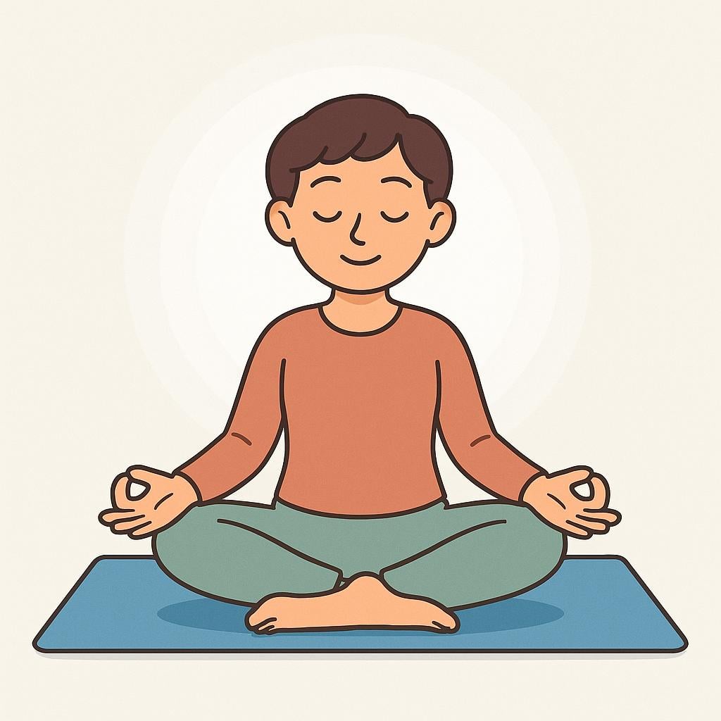 A person with closed eyes sits peacefully in the traditional lotus yoga pose (Padmasana) on a simple mat, illustrating meditation and physical discipline.