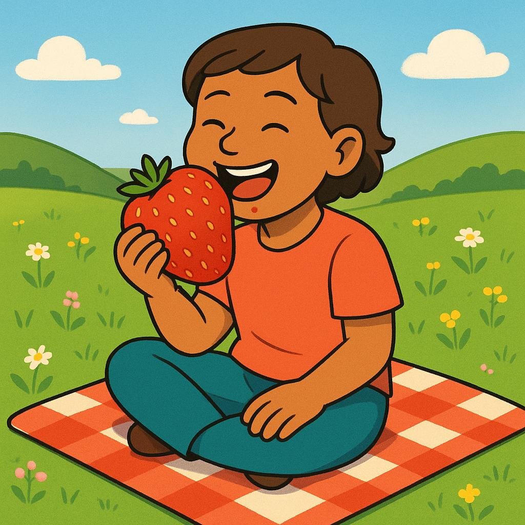 A happy person sitting outside on a sunny day, actively smiling while eating a delicious fruit.