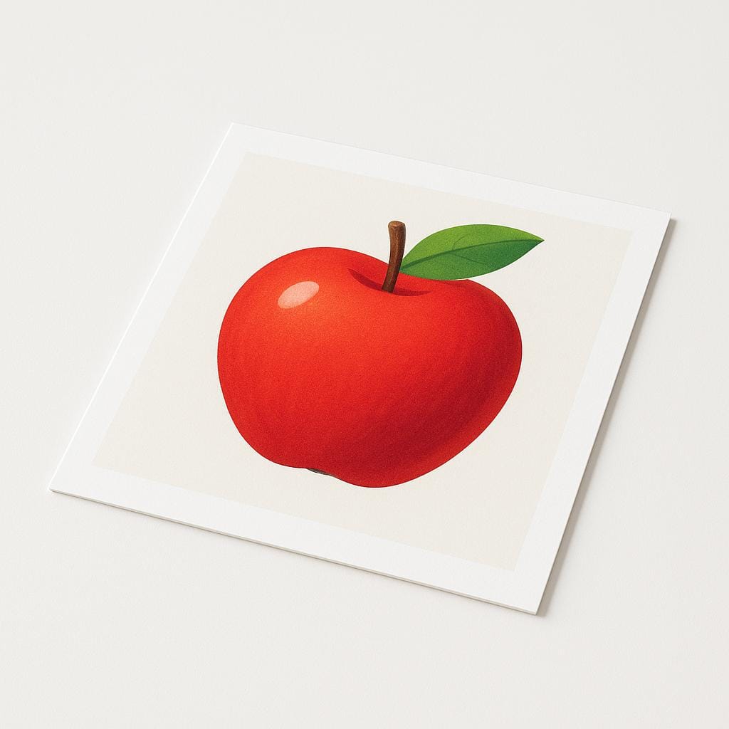 Eine Nahaufnahme eines einzelnen, physischen quadratischen Fotoabzugs, der auf einem Tisch liegt. Das Bild auf dem Foto ist ein einfacher roter Apfel.