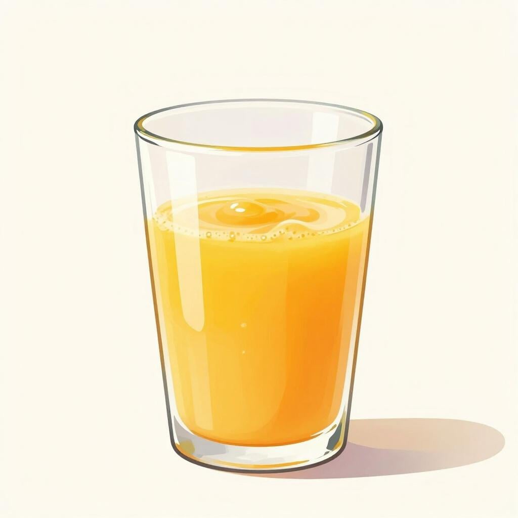 A glass of orange juice being filled so high that the liquid forms a curved dome at the very top without spilling.