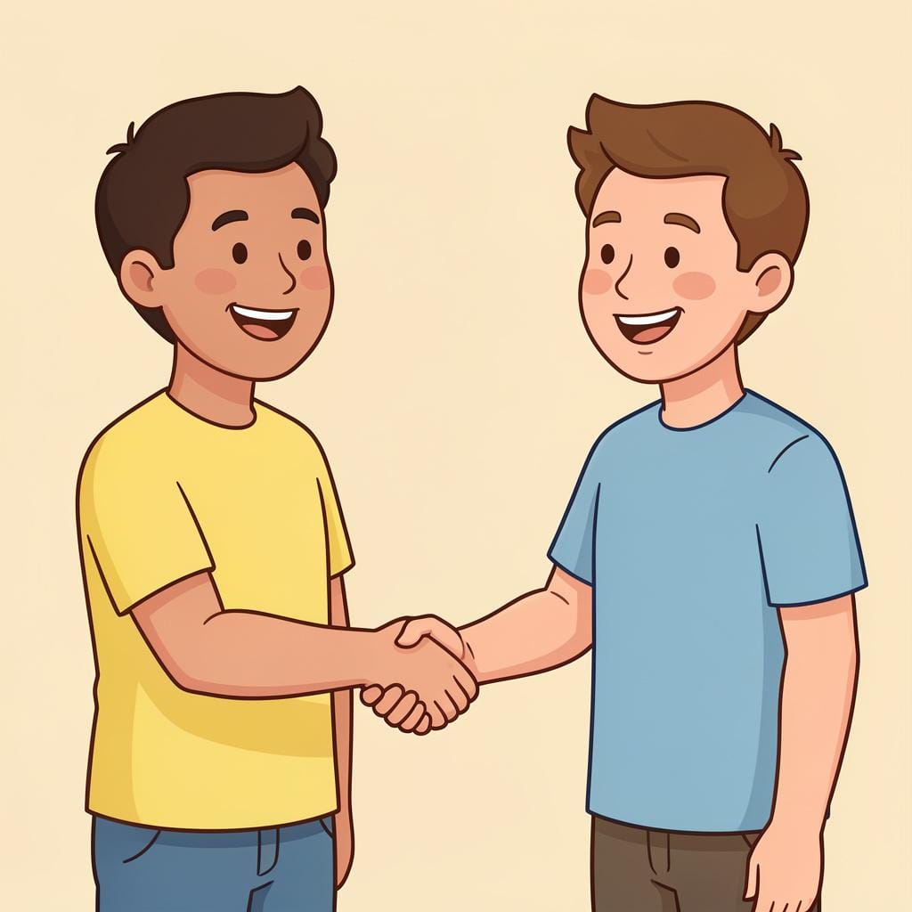 Duas pessoas apertando as mãos calorosamente em um gesto amigável de reconciliação.