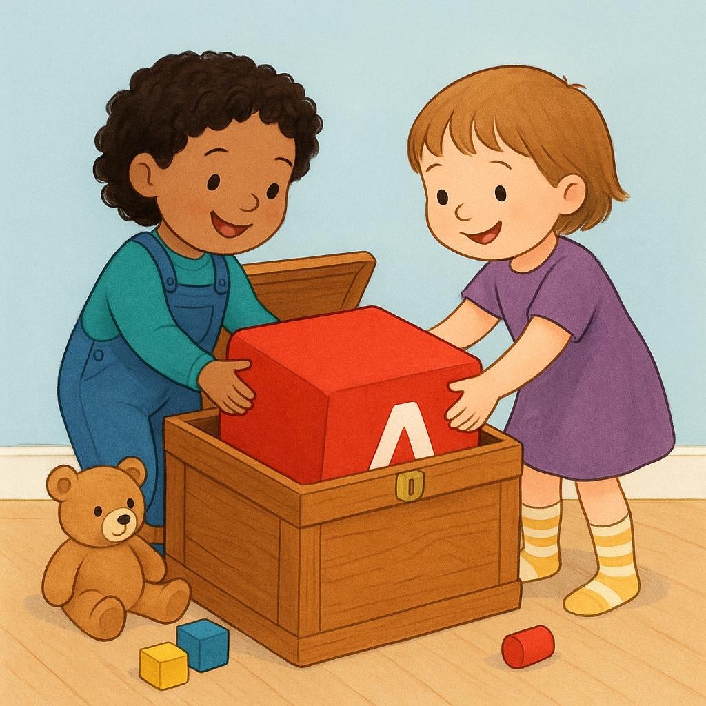 Two cartoon characters working together to lift a large red cube out of an open wooden toy chest, illustrating physical removal.