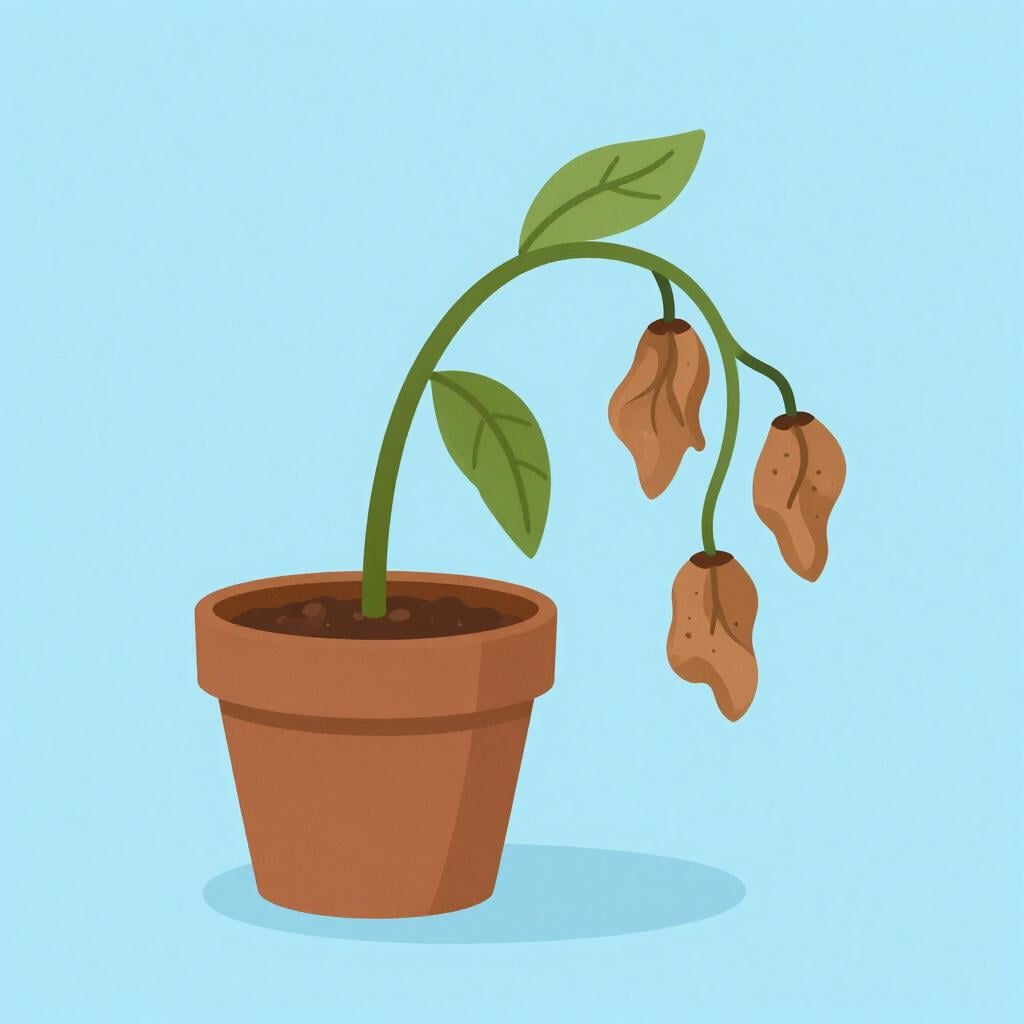 A wilted flower with a drooping stem and dry leaves in a pot.