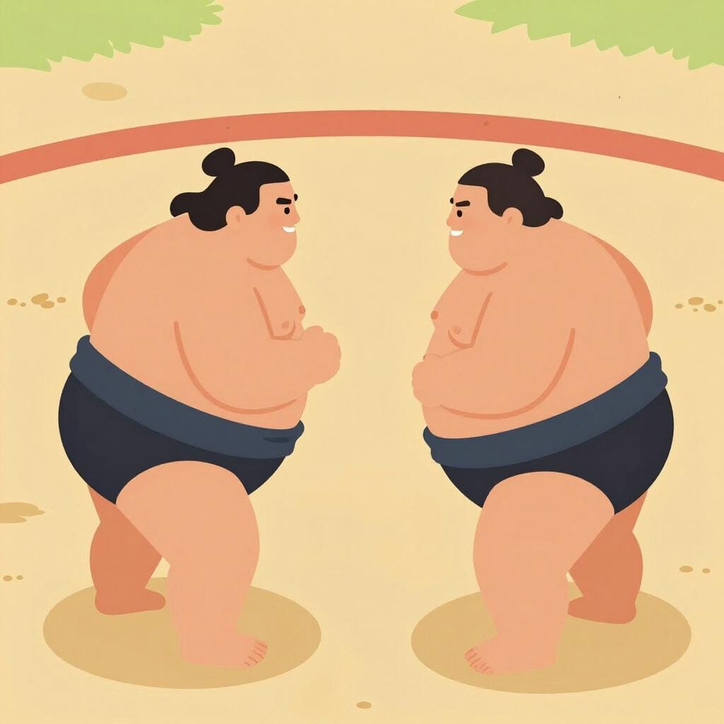Two large sumo wrestlers facing each other in a traditional ring.