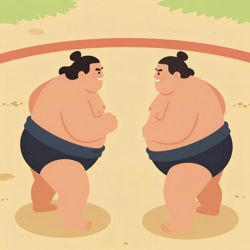 Two large sumo wrestlers facing each other in a traditional ring.