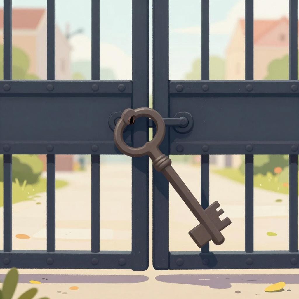 A heavy iron gate closing and locking with a large key, blocking a path.