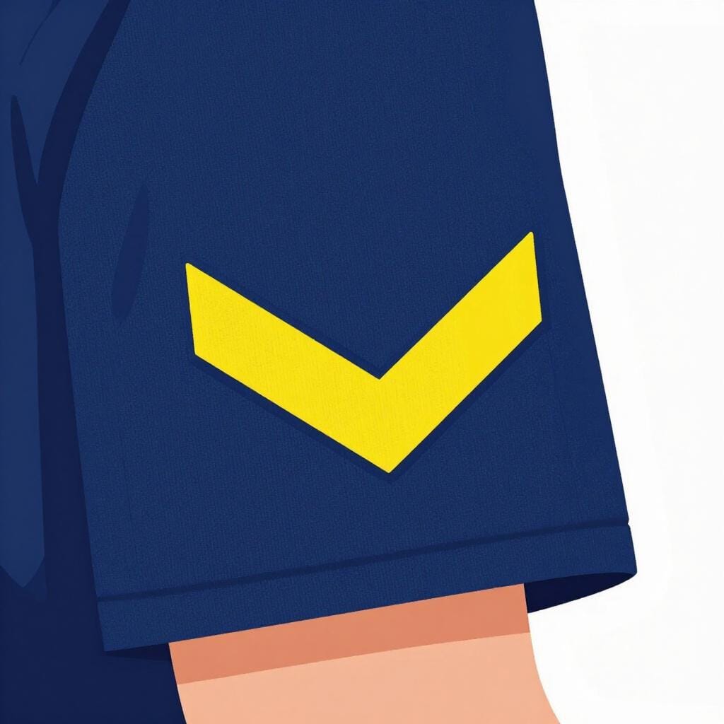 Ein gelber V-förmiger Winkelstreifen auf dem Ärmel einer blauen Jacke.