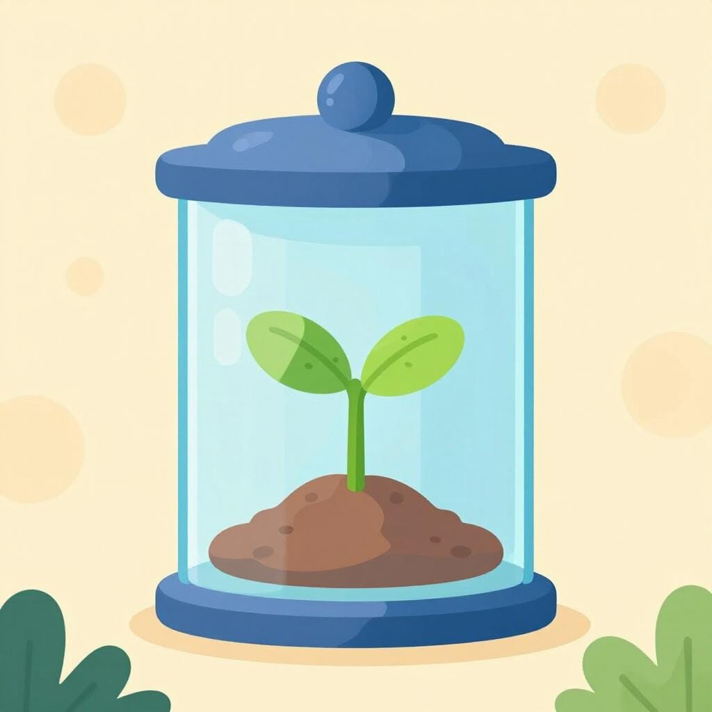 Une petite pousse verte poussant dans un pot bleu futuriste et lumineux dans une pièce propre et moderne.