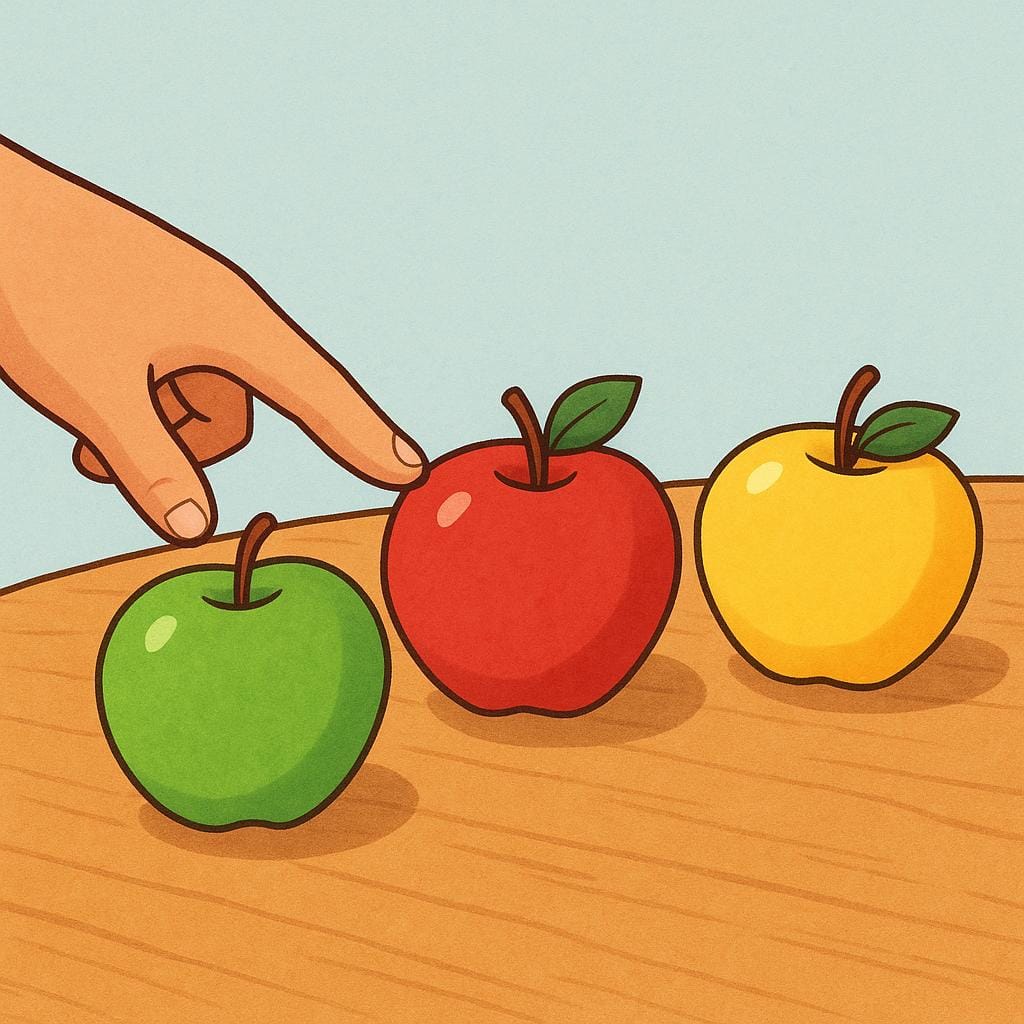 A simple illustration showing a hand selecting a single red apple from a group of three colorful apples (red, green, and yellow) resting on a wooden table.