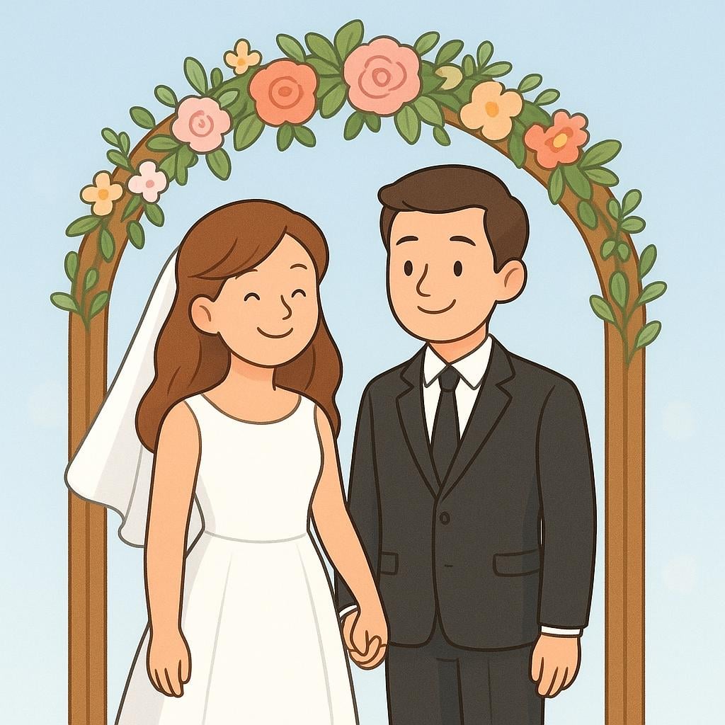A cheerful illustration of a bride in a white dress and a groom in a suit holding hands, standing under a simple floral arch, symbolizing a wedding ceremony.