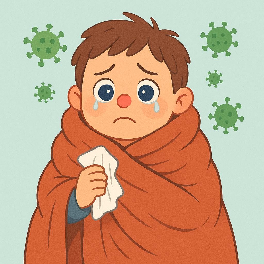 Un personaggio con il naso rosso, avvolto in una coperta, dall'aria sofferente e con un fazzoletto, che simboleggia l'aver preso un raffreddore.