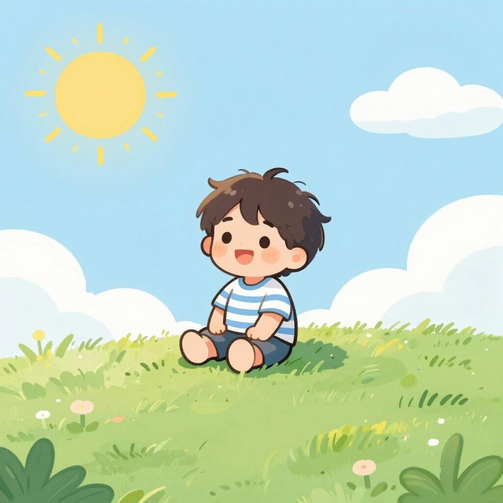 A happy toddler in a striped shirt sitting on a grassy hill.