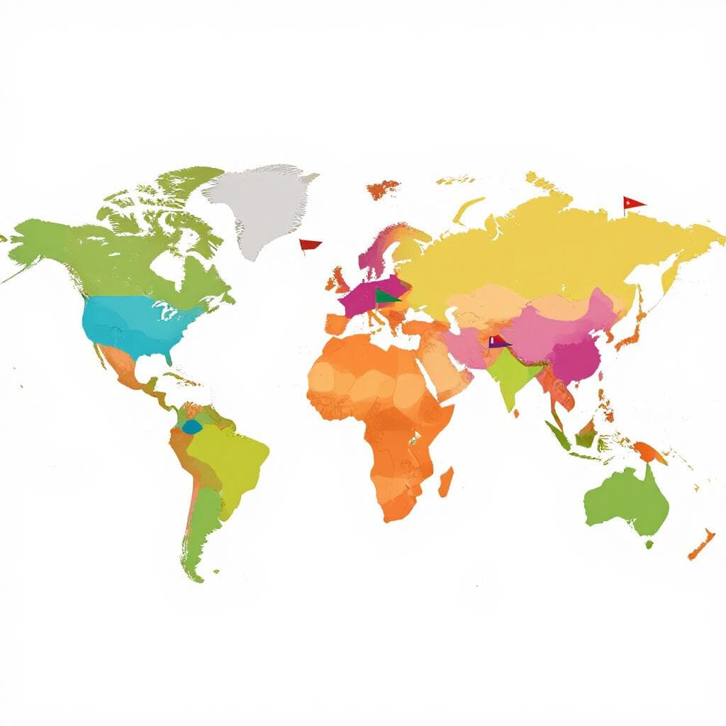 Une carte colorée du monde avec plusieurs drapeaux nationaux différents plantés sur différents continents.