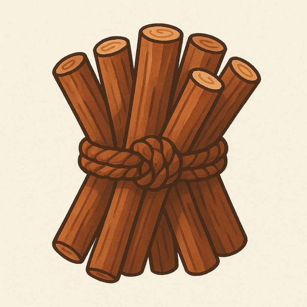 A bundle of brown sticks tightly tied together with a simple piece of rope.