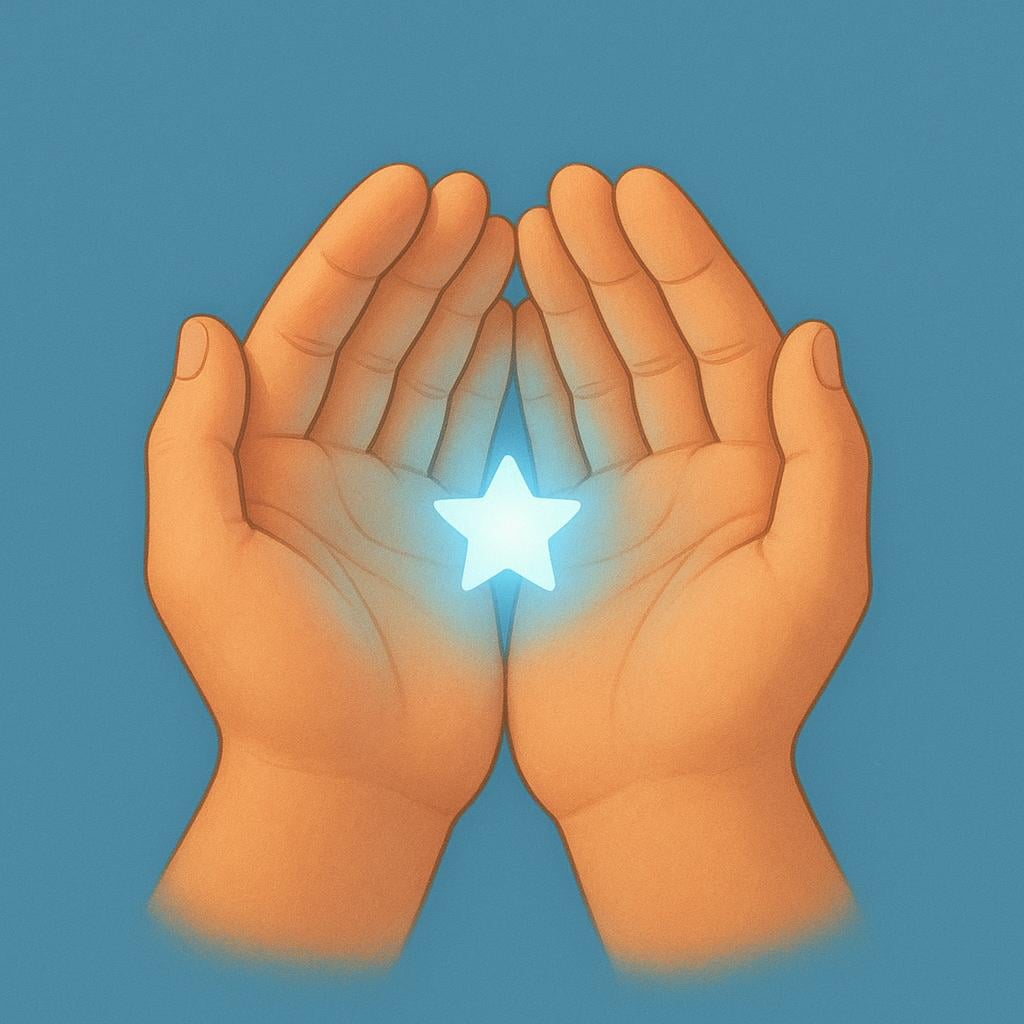 A person carefully holding a small, glowing star between their hands to keep it safe.