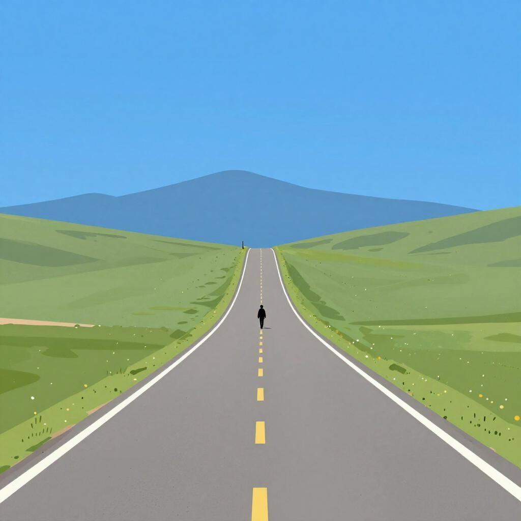 Una raffigurazione di una strada asfaltata lunga e tortuosa che si estende in lontananza verso montagne ondulate semplificate sotto un cielo azzurro brillante, a simboleggiare una grande unità di misura della distanza.