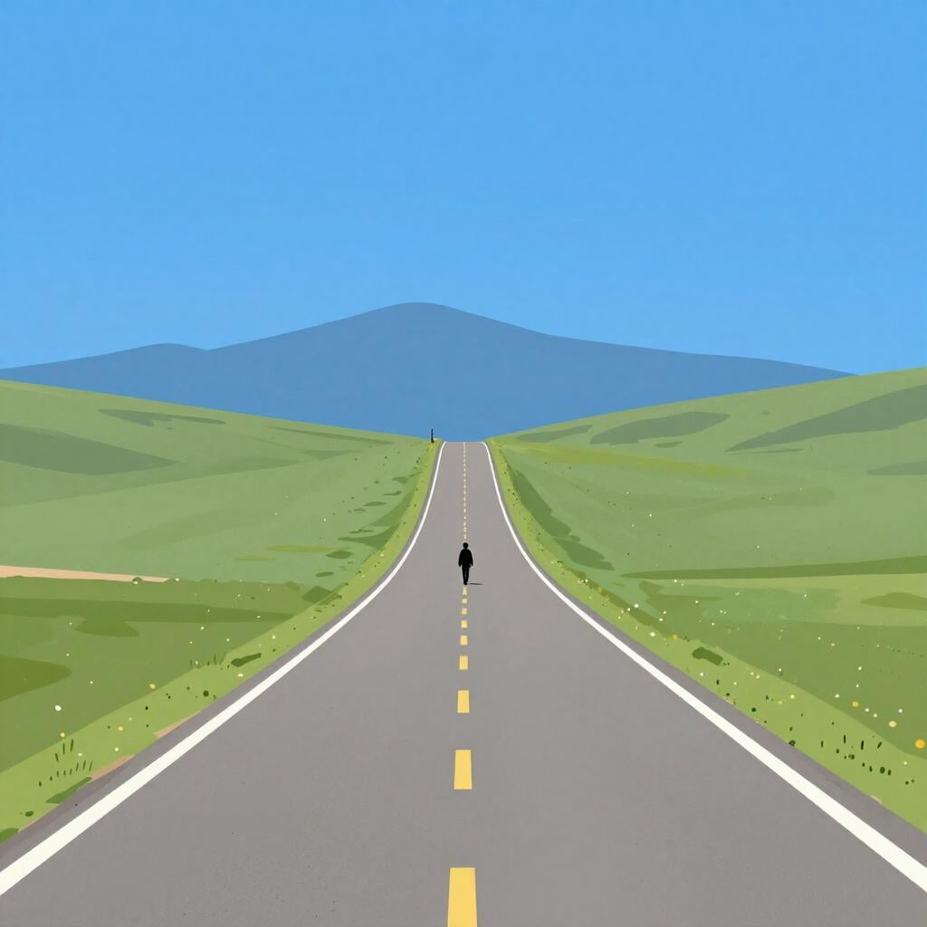 Eine Darstellung einer langen, gewundenen asphaltierten Straße, die weit in die Ferne zu vereinfachten, sanften Bergen unter einem strahlend blauen Himmel führt und eine große Entfernungseinheit symbolisiert.