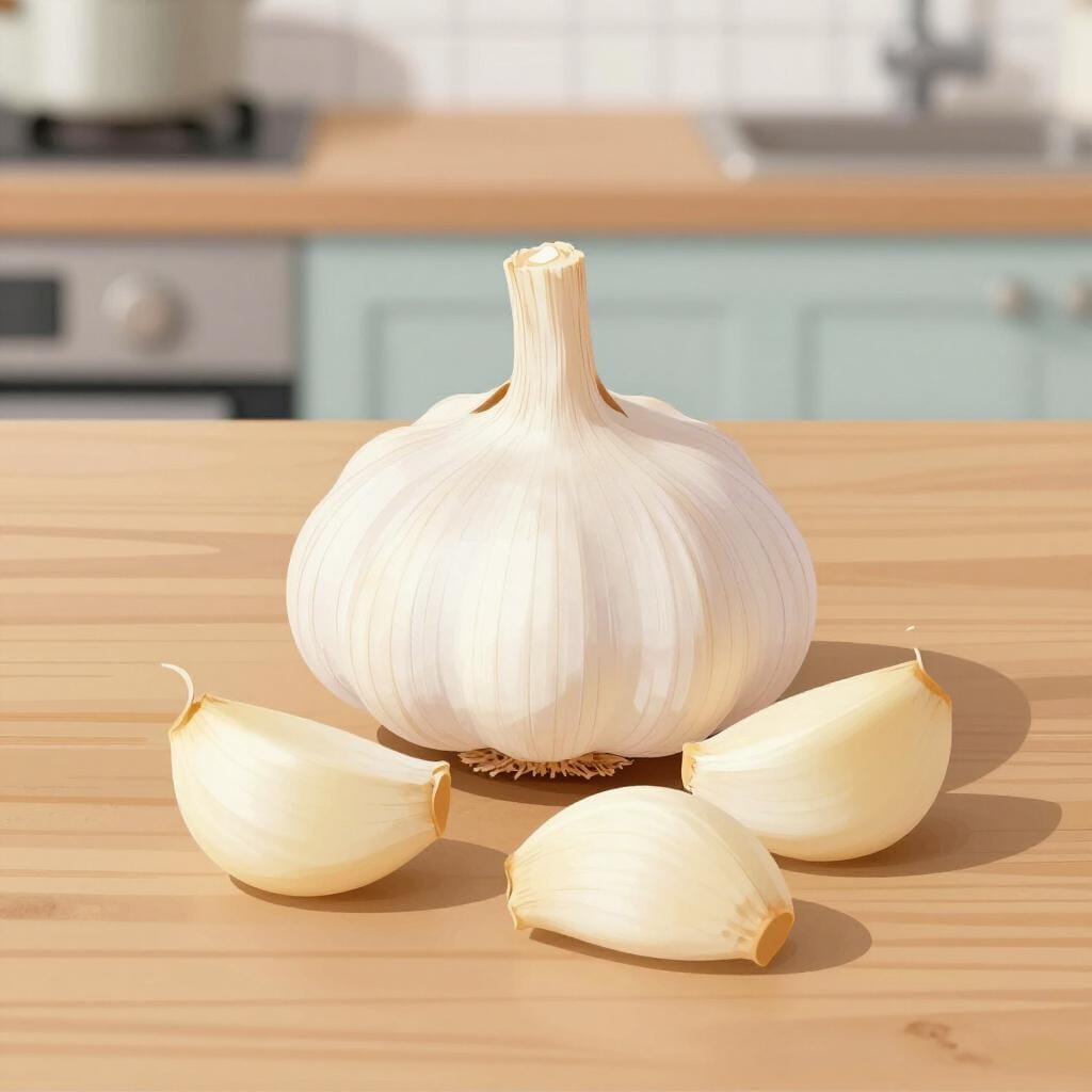 Una singola testa intera di aglio bianco accanto a qualche spicchio individuale.