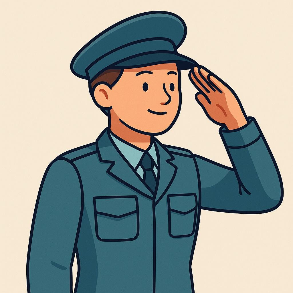 シンプルな制服を着た人が直立不動の姿勢で、正式な軍隊式敬礼をしています。