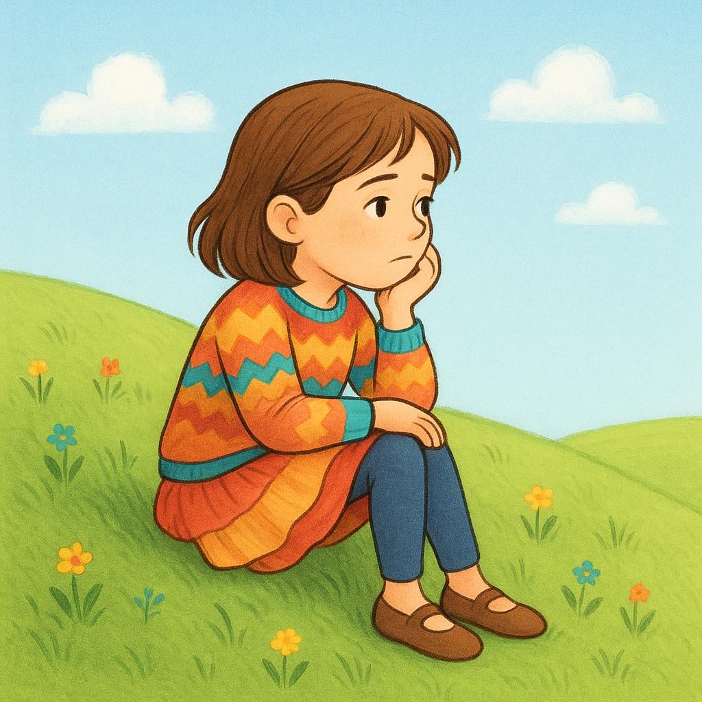 A single young person with colorful clothes sitting alone on a grassy hill, resting their chin on their hand, looking pensive and introspective, representing an adolescent trait.