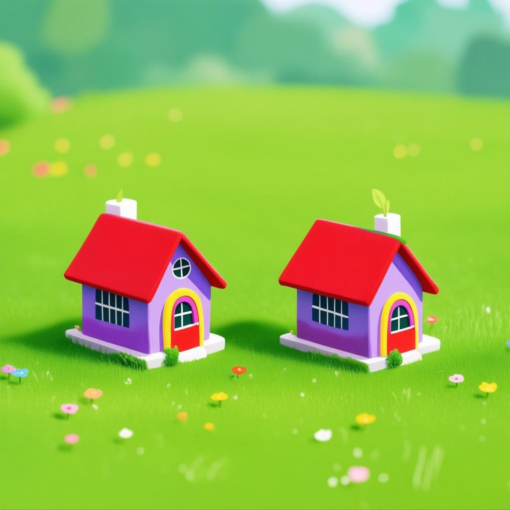 An illustration showing two identical, tiny, brightly colored houses on a green field, emphasizing their small size.