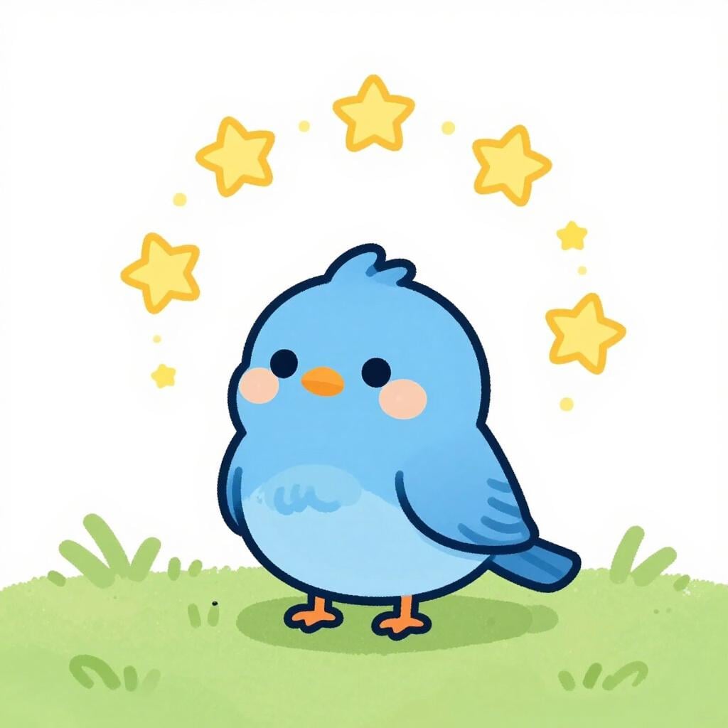 A small bird sitting on the ground with little yellow stars circling its head, looking slightly wobbly.