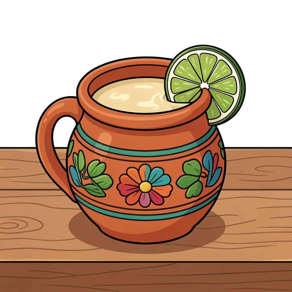 A clay mug filled with a creamy white liquid and topped with a slice of bright green fruit.