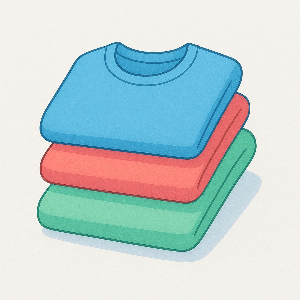 A stack of three folded t-shirts, clearly showing different widths to represent small, medium, and large sizes.