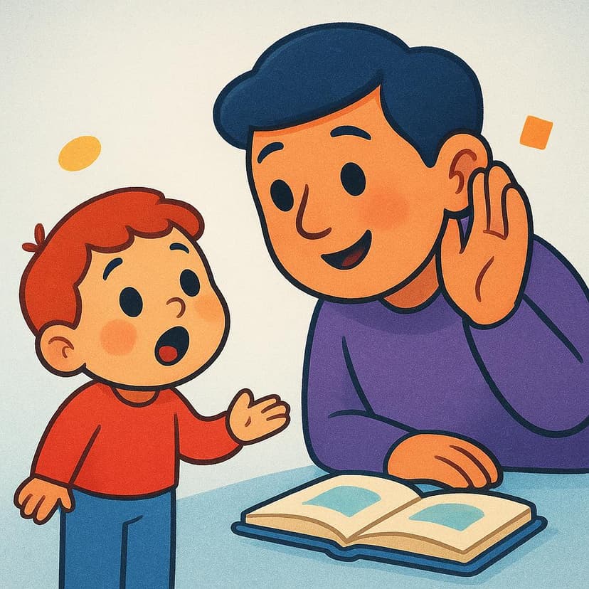 A small, colorful character speaking with an open mouth towards a large, attentive character. The large character is leaning slightly forward, cupping a hand near their ear, showing they are focused on listening closely.