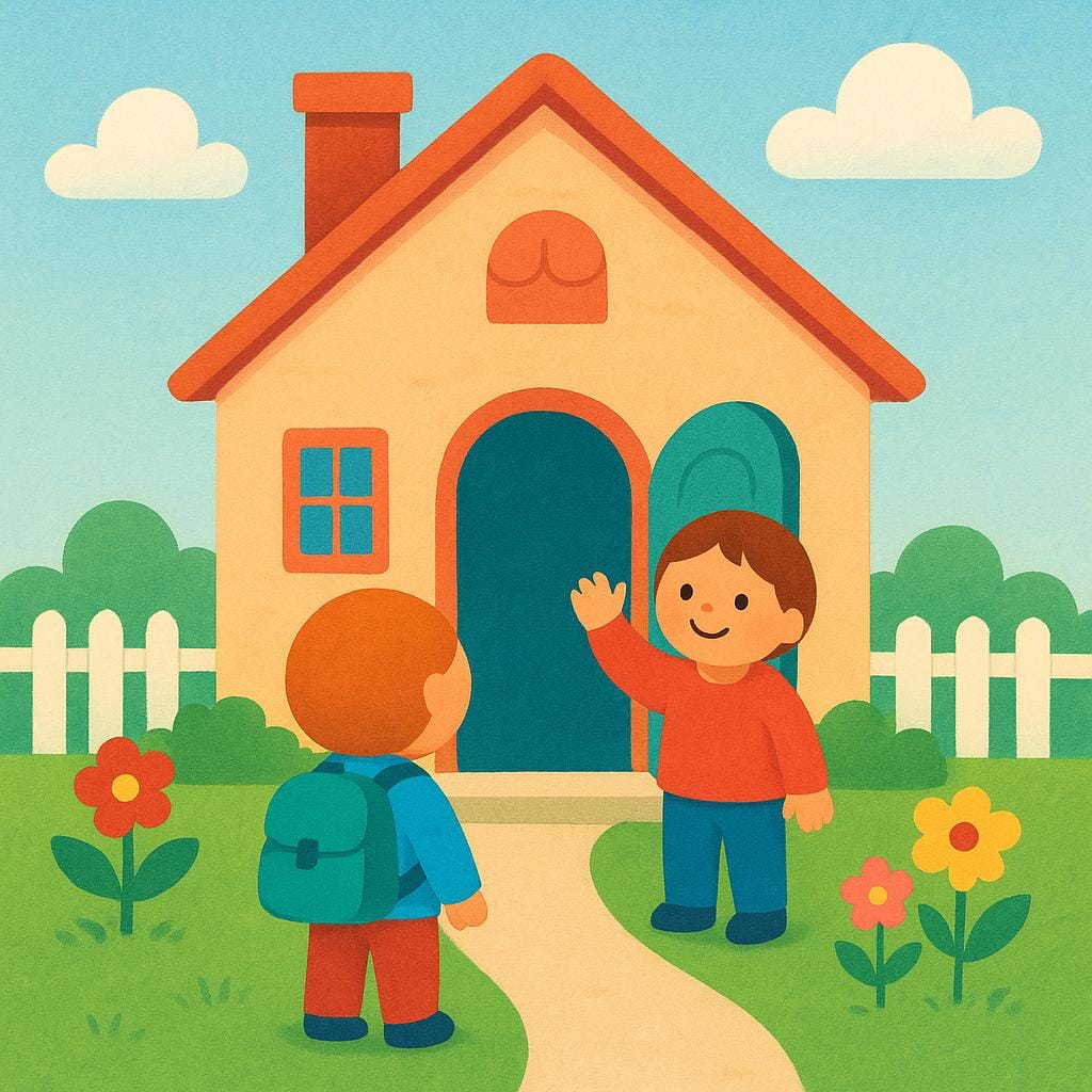 Two simple figures smiling as they stand in front of a small, colorful house, suggesting they have just arrived back home.