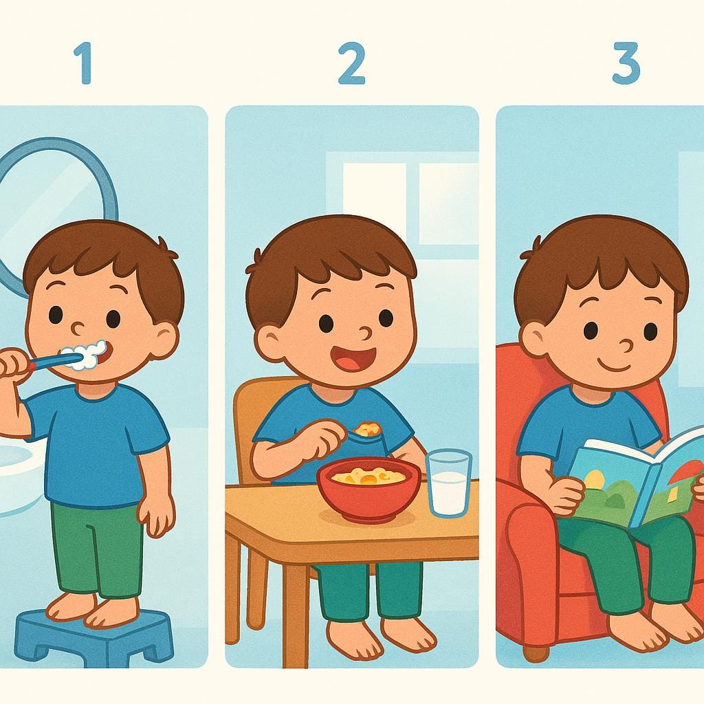 A storybook illustration showing a simplified character performing three distinct, ordered daily tasks in three separate panels: brushing teeth, eating breakfast at a table, and reading a book on a couch, symbolizing a structured routine.
