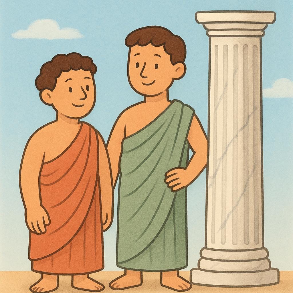 Two stylized figures wearing simple white togas standing next to a classical marble column, representing the ancients.
