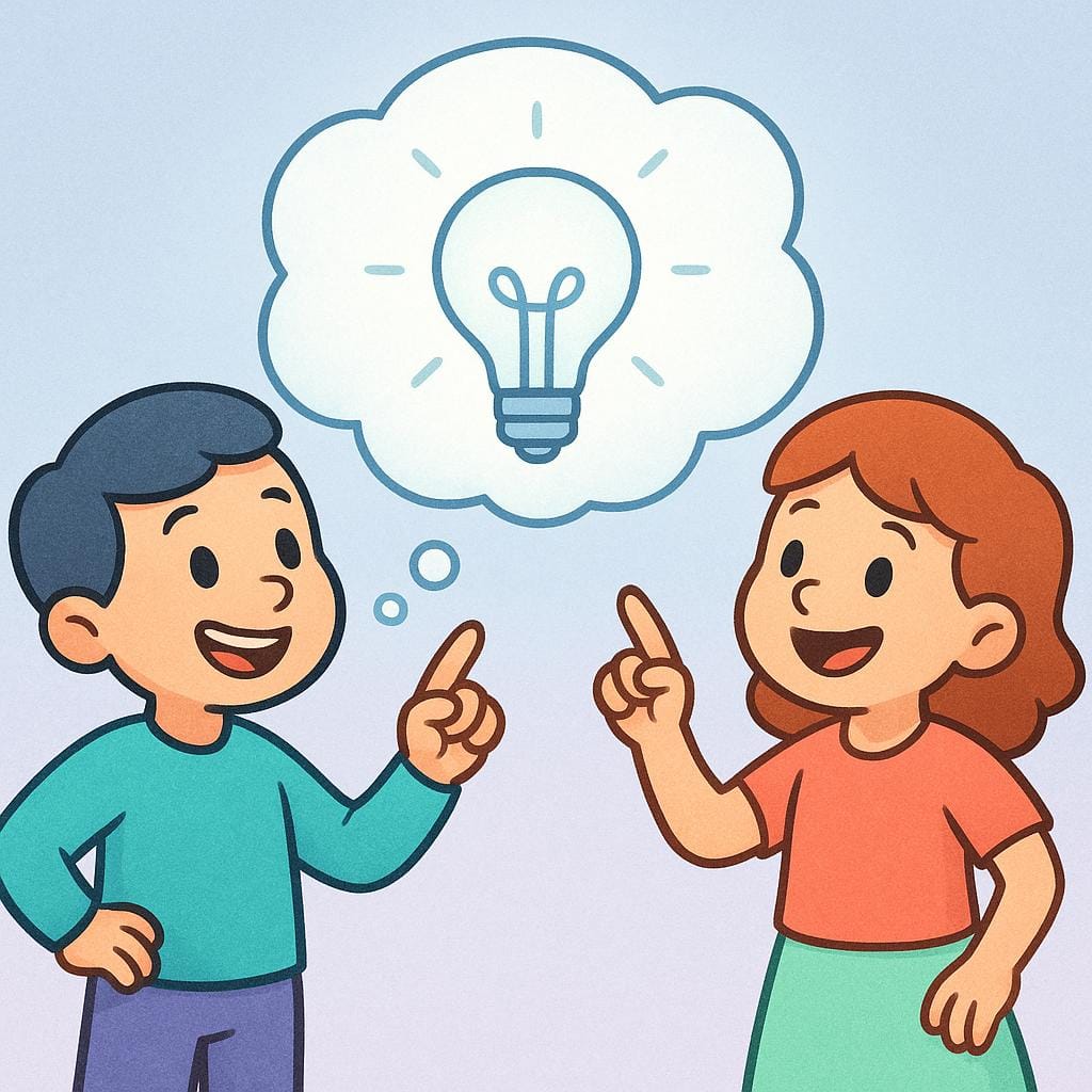 A storybook illustration of two people standing together, smiling, and pointing at a single, shared thought bubble containing a large, glowing lightbulb, symbolizing mutual agreement.