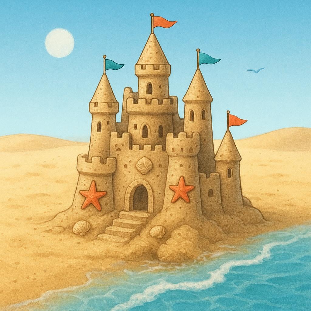 A detailed sandcastle built on a beach, with a small wave just beginning to wash away its foundation, symbolizing limited time.