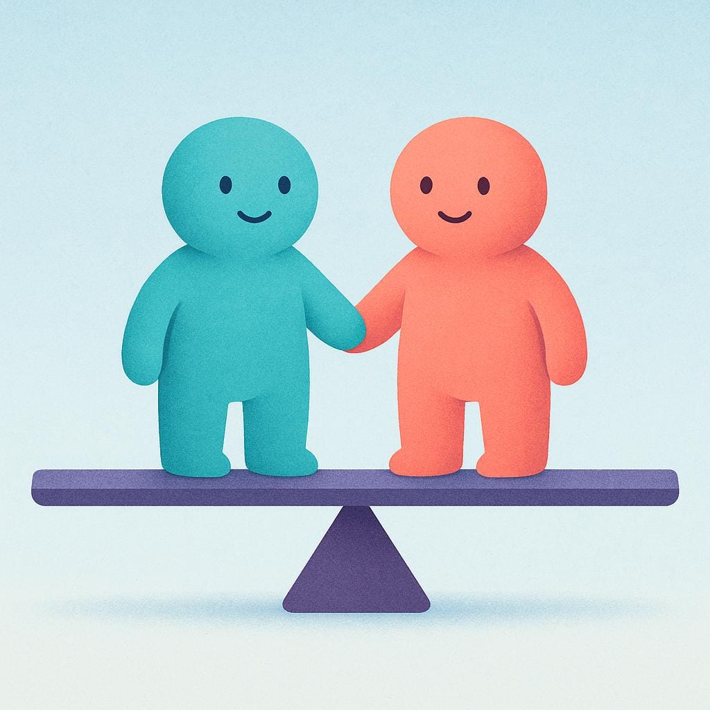 Twee vereenvoudigde figuren die op een perfect vlakke wip staan, wat een evenwichtige en harmonieuze relatie illustreert.