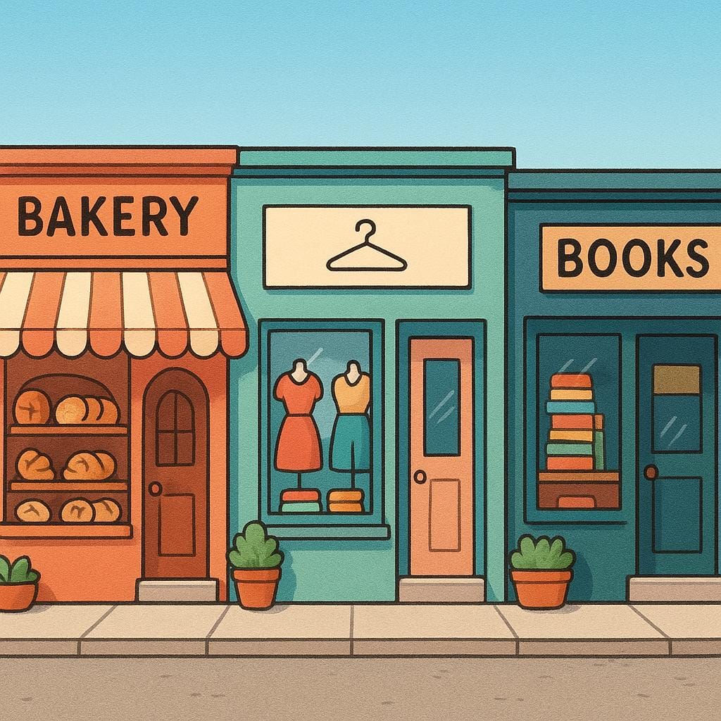 A simple illustration showing a row of three colorful, distinct storefronts, such as a bakery, a clothing shop, and a bookshop.