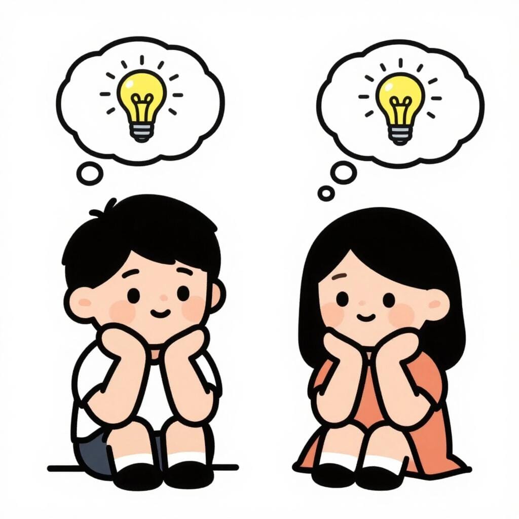 두 사람이 머리 위에 전구 모양이 있는 생각 풍선을 띄우며 조용히 앉아 있는 모습을 보여주는 다채로운 동화책 삽화로, 그들이 생각하고 있음을 상징합니다.