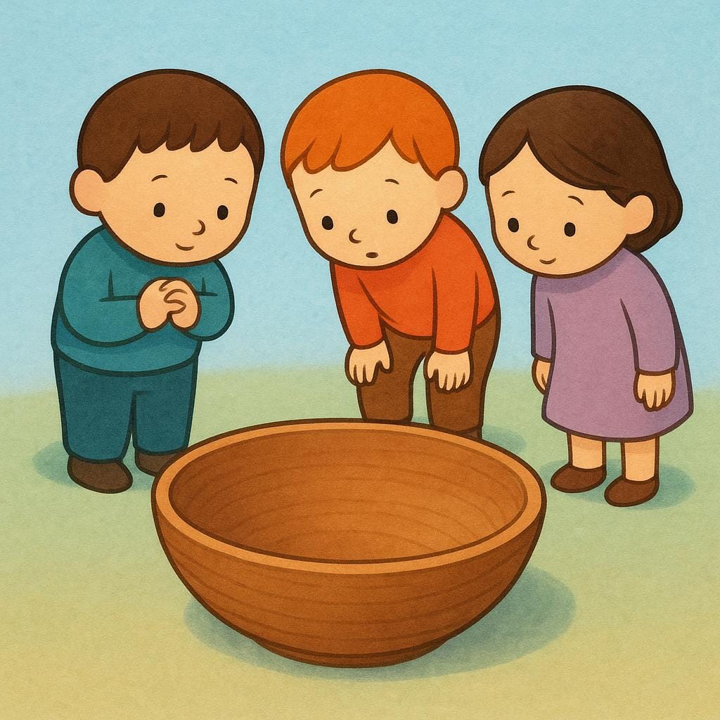 과거의 지속적인 필요를 상징하는, 땅에 놓인 완전히 빈 커다란 나무 그릇을 기대에 차고 약간 실망한 듯 바라보고 있는 세 인물을 보여주는 단순한 동화 삽화.