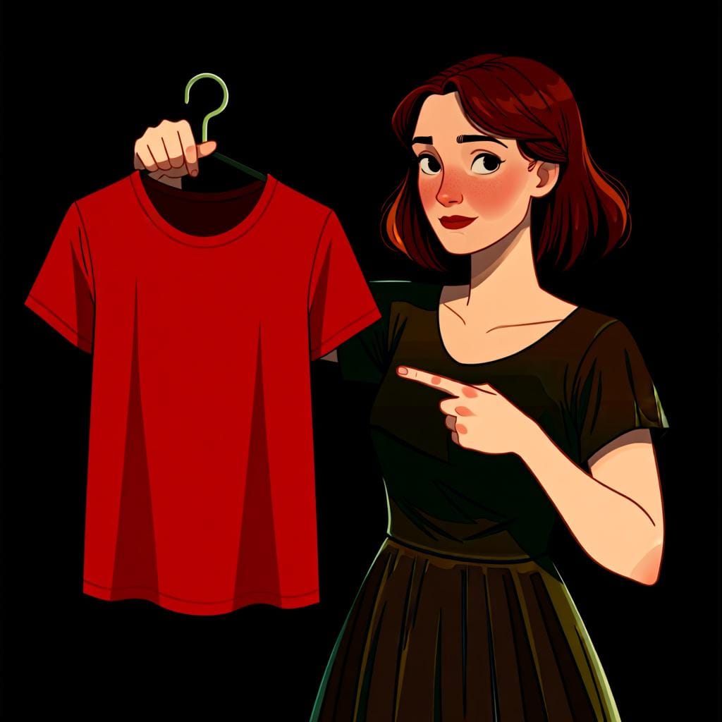 Uma mulher segurando uma camiseta vermelha nas mãos e apontando para ela, para ilustrar o conceito de 'esta camiseta'.